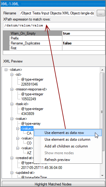 XML Input Object Single Datum Row