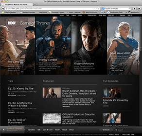 Screen capture of Game of Thrones Web Site Home Page