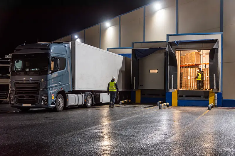 Night Shift at the Loading Dock-ftrd Two workers in high-visibility vests and hard hats at a warehouse loading dock at night, one walking toward a parked semi-truck and the other handling pallets in a lit loading bay.