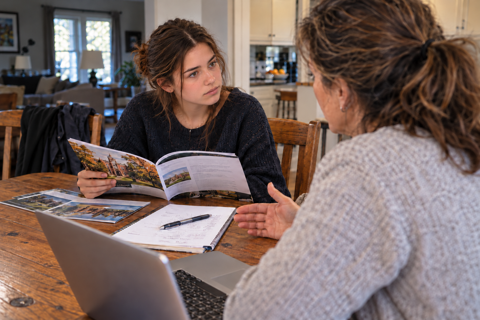 data-college-tuition-decisions-ftrd A high school student and her mother review college brochures and notes at the kitchen table, weighing tuition and cost as part of the college decision.